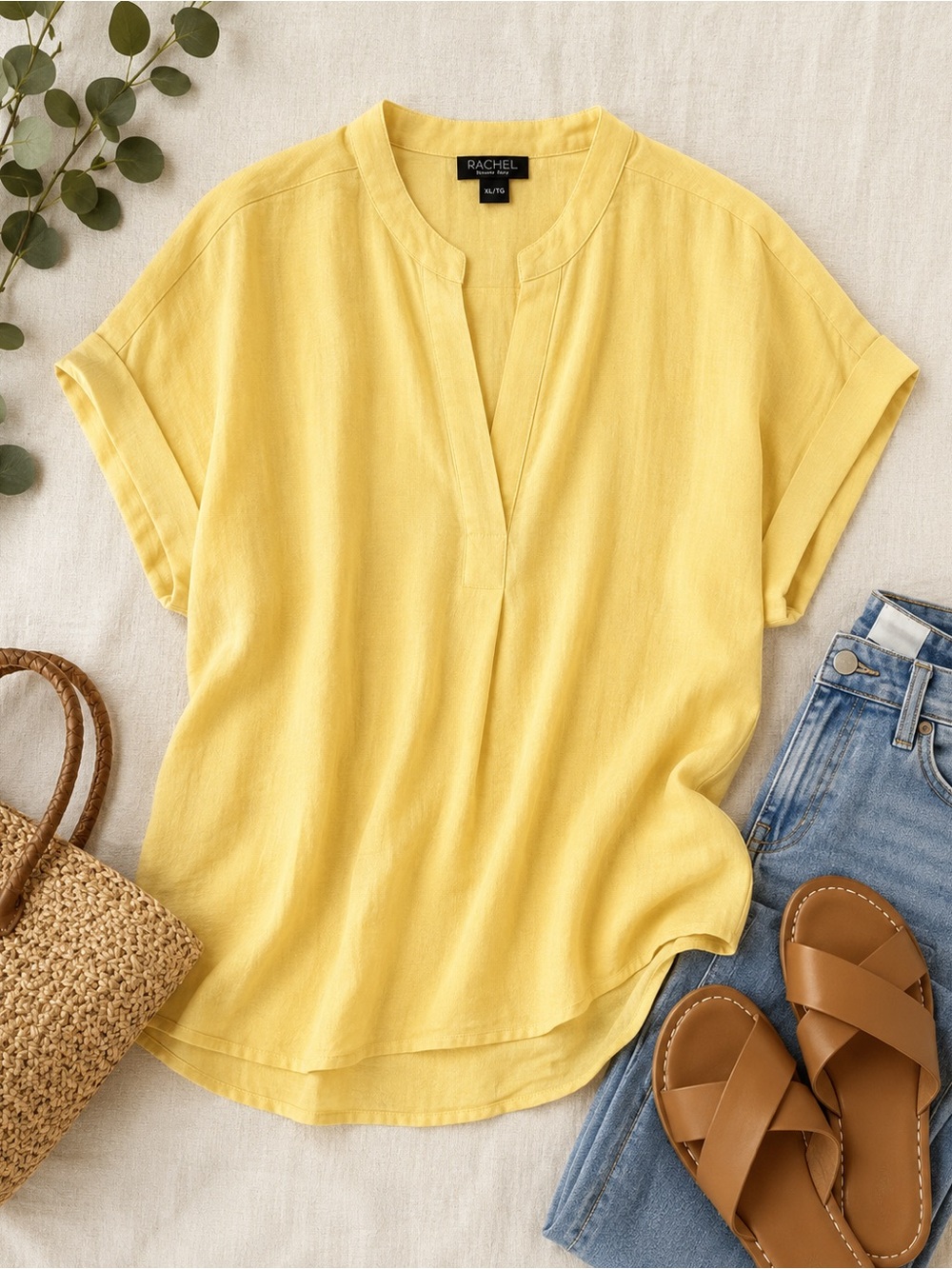 Rachel Roy Yellow Split Neck Blouse XL Short Sleeve Lightweight Relaxed Fit Top